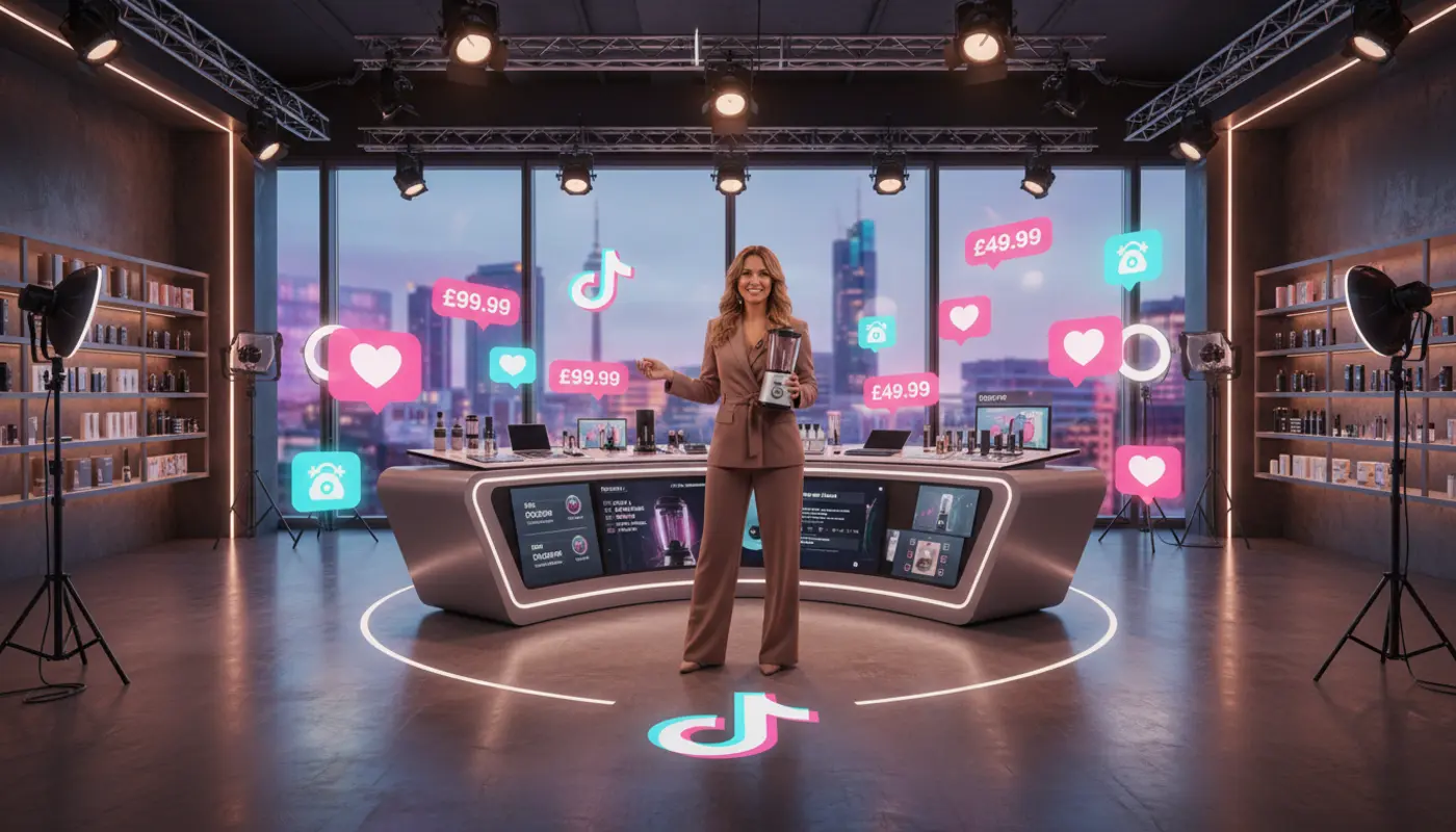 Professional TikTok Shop live studio in Birmingham with a host presenting products and vibrant TikTok UI elements.