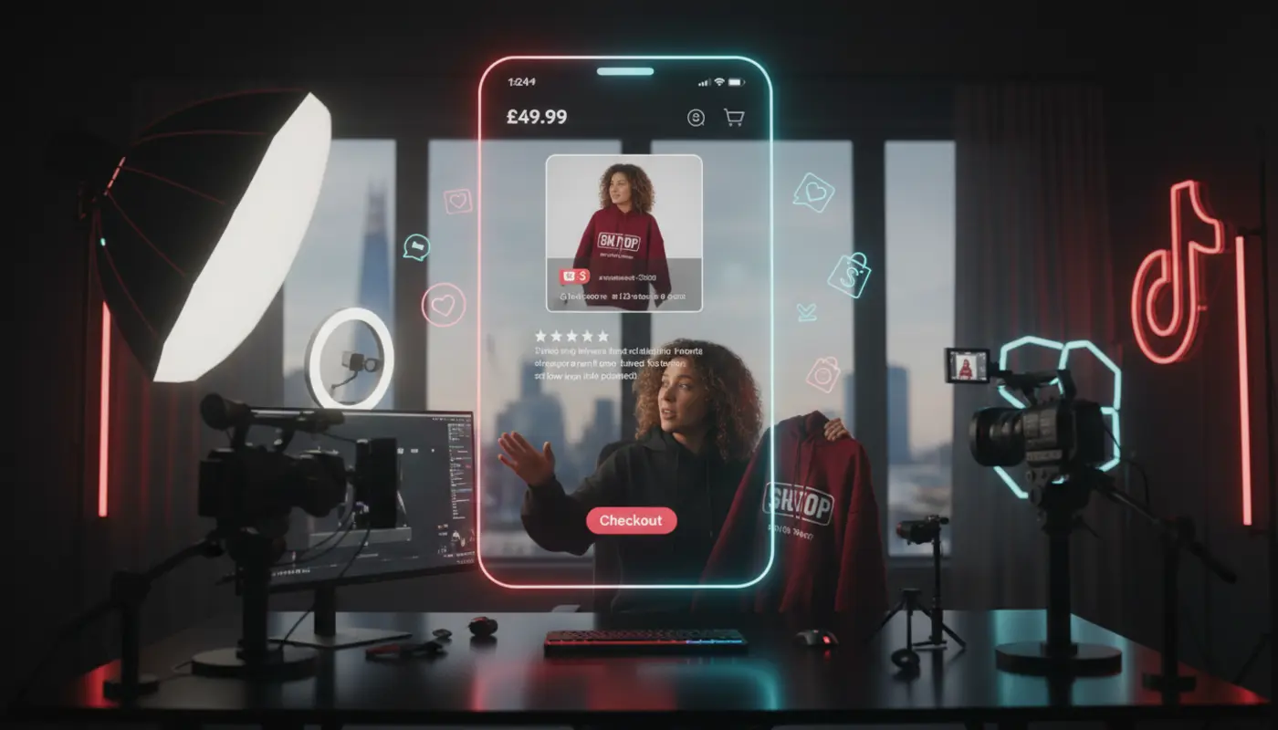 UK creator filming a TikTok Shop demo in a modern London studio with TikTok UI elements and product checkout features visible.