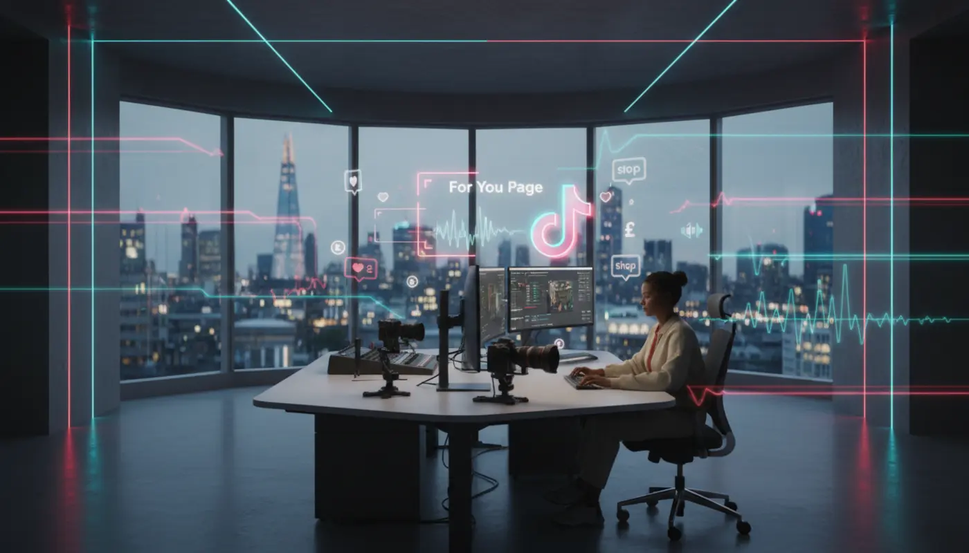 Cinematic UK TikTok studio with London skyline and floating TikTok UI elements in vibrant branded lighting.