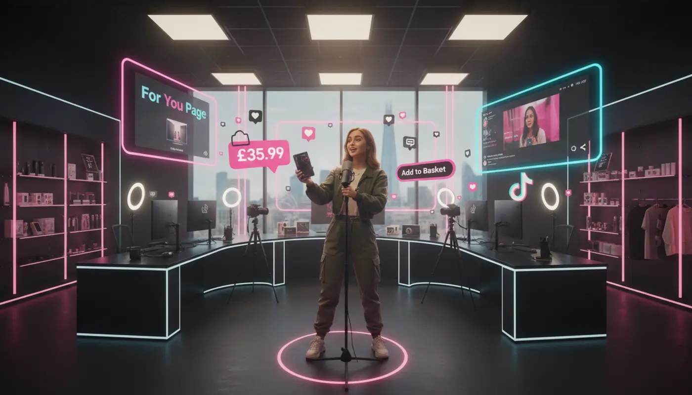 Creator showcasing products in a UK TikTok Shop studio with TikTok UI icons and London skyline backdrop.