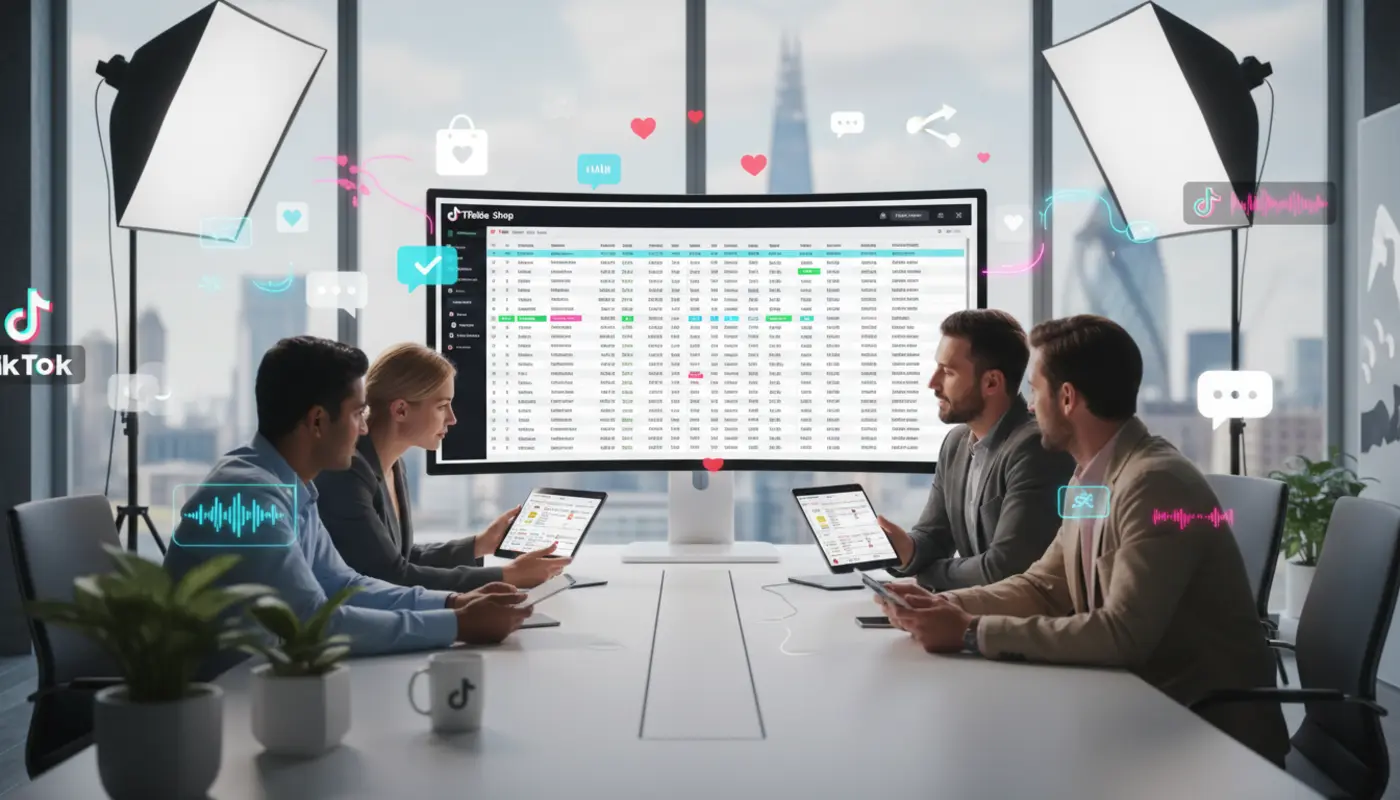 UK TikTok Shop workspace showing a CSV bulk upload screen with TikTok icons and a London office backdrop.