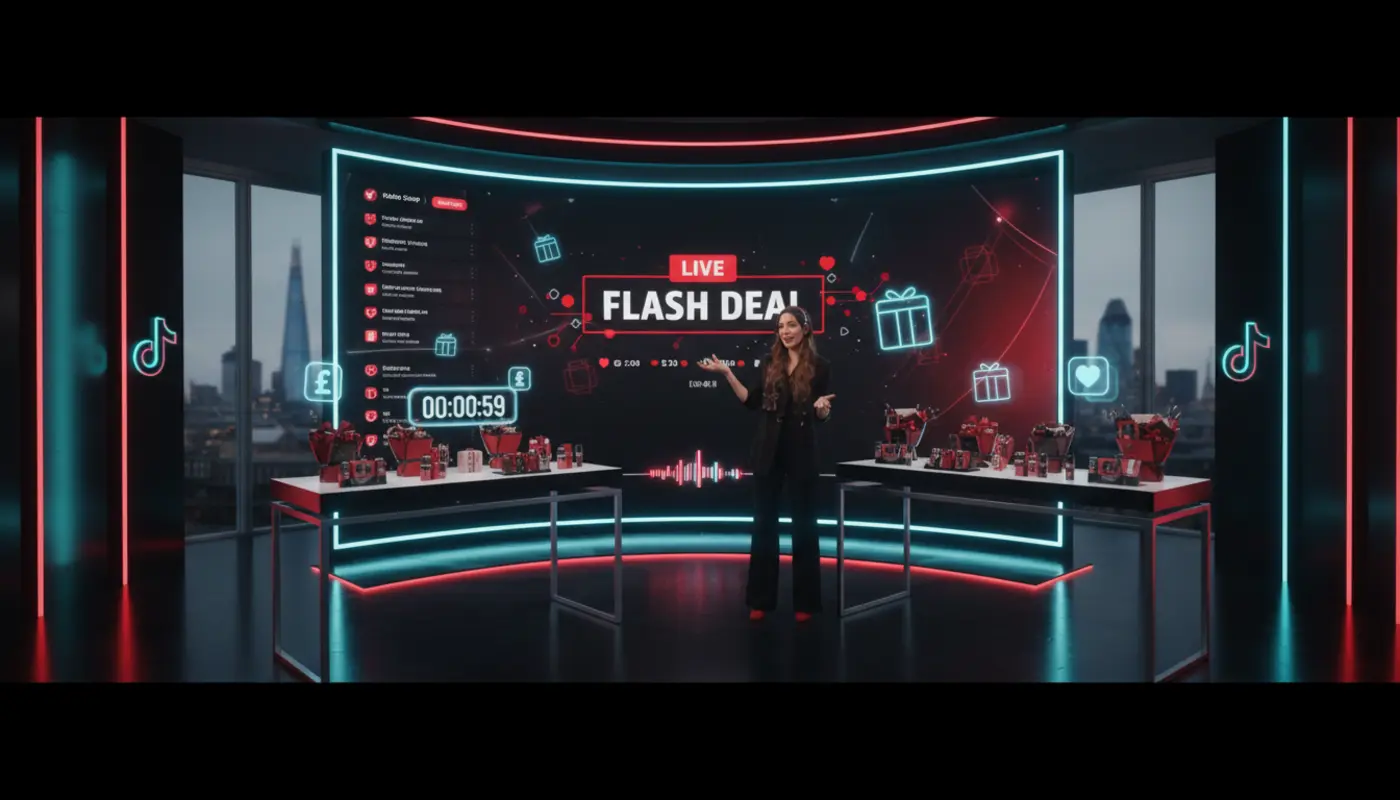 UK TikTok Shop studio with festive Black Friday and Christmas visuals, LIVE UI elements and London skyline in the background.