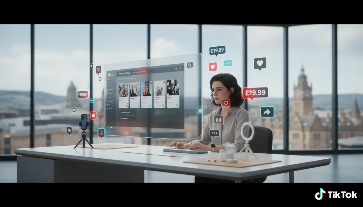 Modern TikTok Shop studio in Glasgow with UK seller setting up products and TikTok UI elements glowing over the workspace.