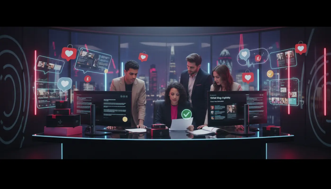 UK creators in a modern TikTok Shop studio reviewing eligibility with floating TikTok UI icons and a subtle London skyline backdrop.