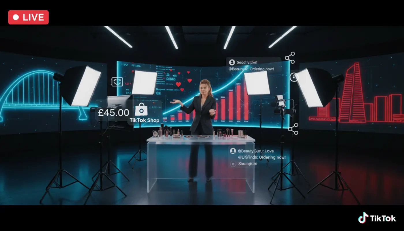 Professional TikTok Live studio in Glasgow with a host selling products and vibrant TikTok Shop UI overlays.