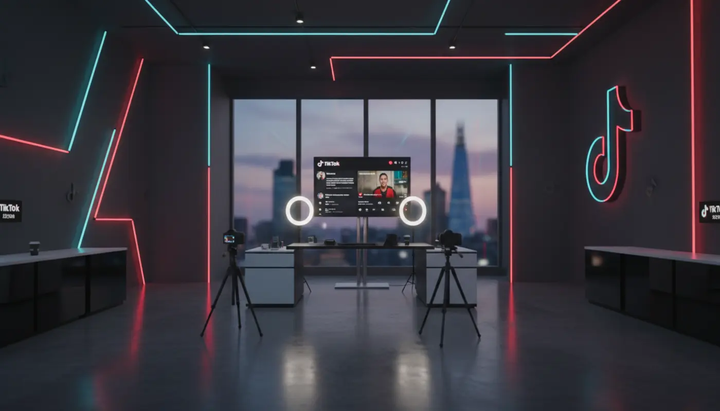 Modern UK TikTok studio with bright lighting and TikTok UI elements displayed on a vertical screen overlooking the London skyline.