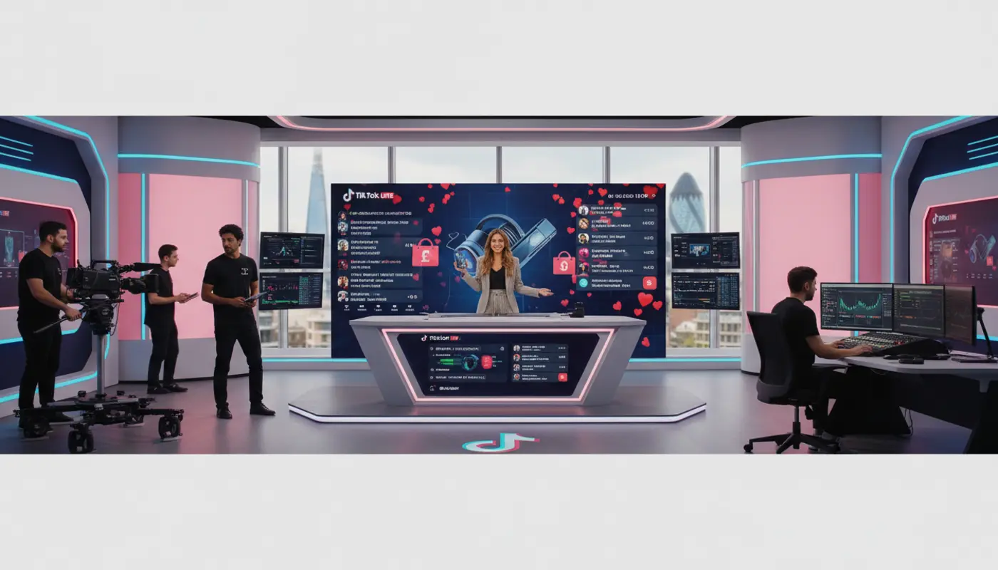 UK TikTok LIVE studio with host and production team, showing shop sales, hearts, and scaling livestream setup in London