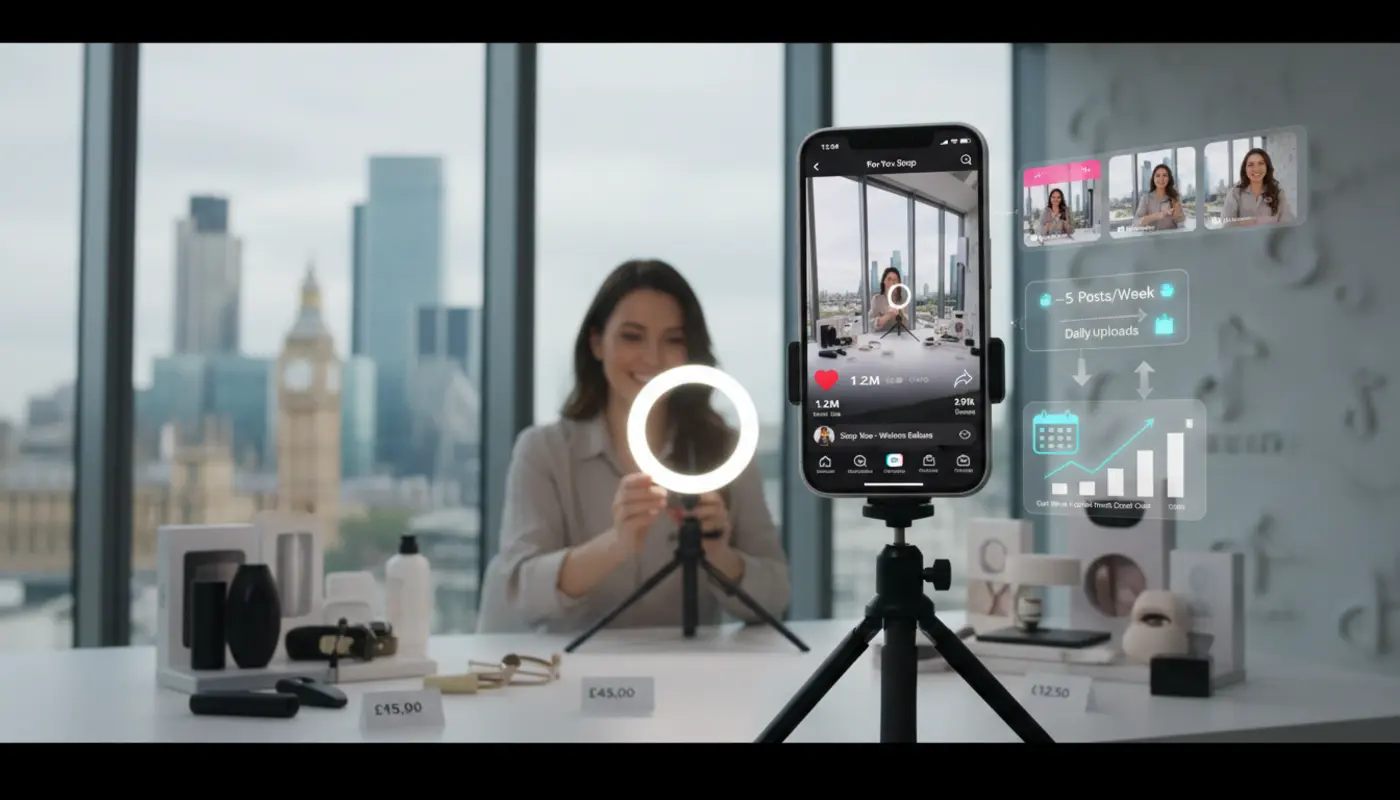 UK TikTok Shop creator filming product content in London studio with TikTok UI, posting schedule and rising engagement visuals.