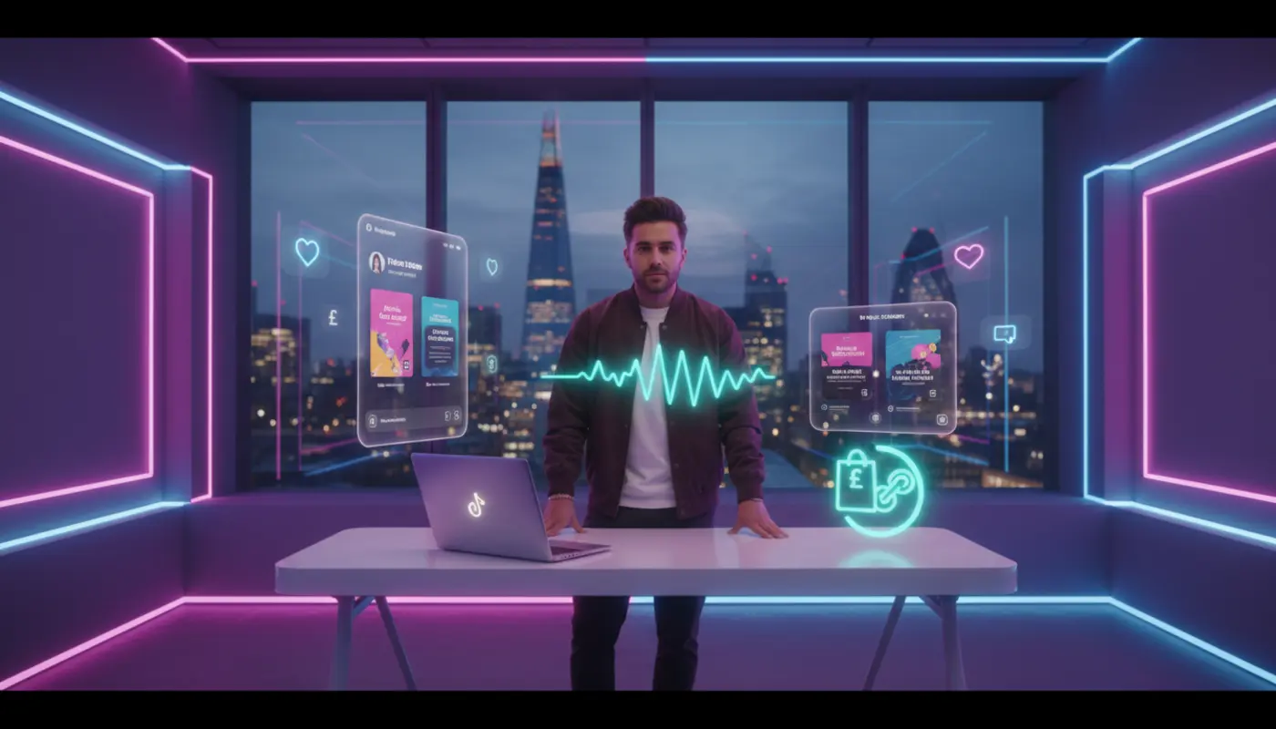 UK creator in a London TikTok Shop studio showcasing digital products with floating TikTok UI elements.