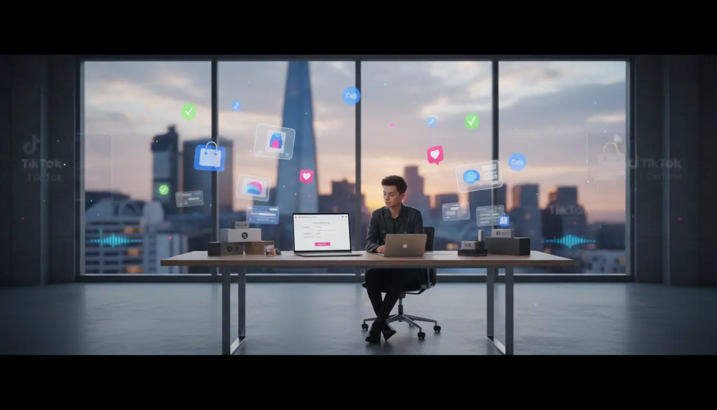 UK creator in a bright London studio setting up a TikTok Shop with floating TikTok UI elements and £ shop icons.