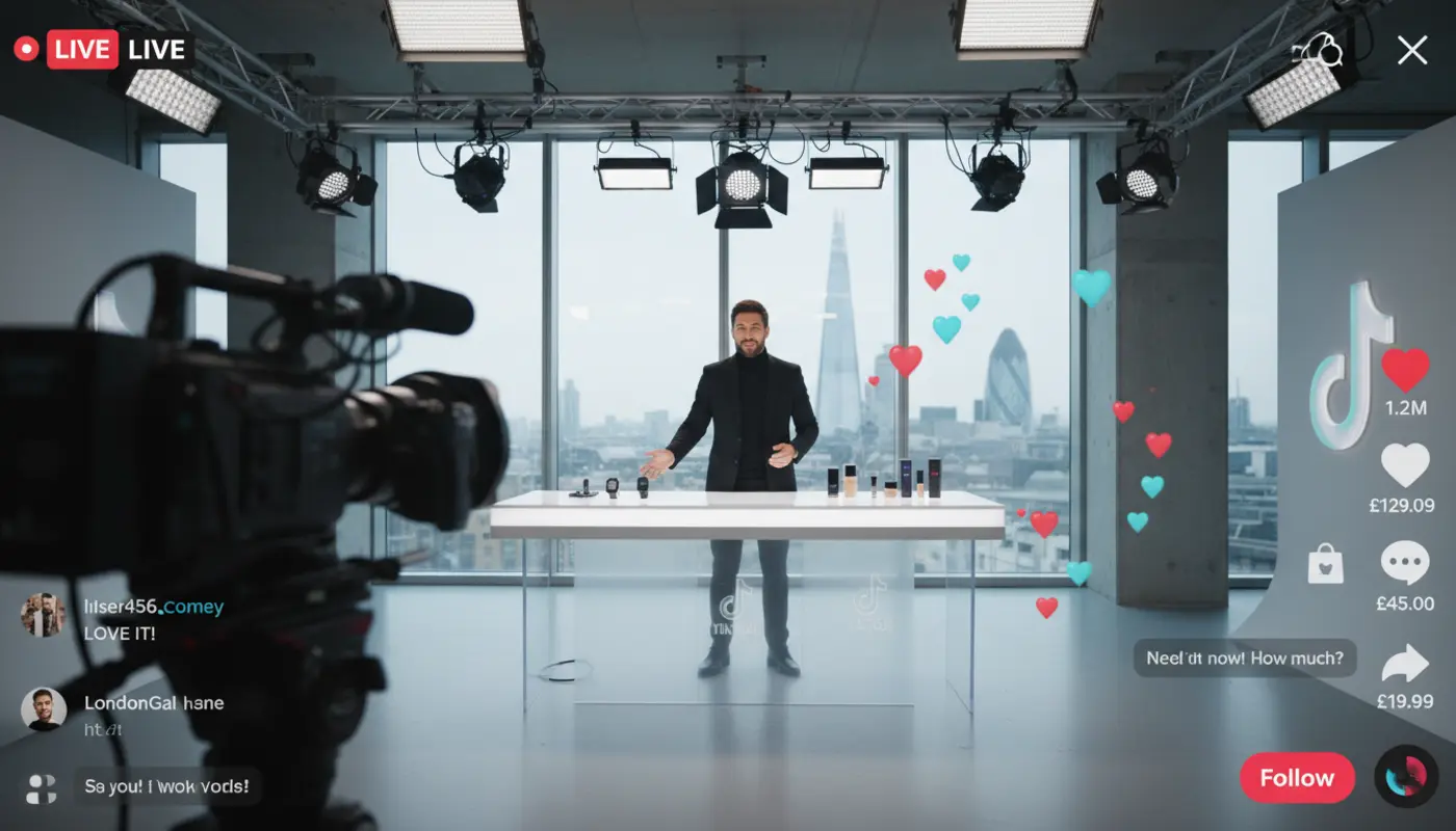 Professional TikTok LIVE studio in London with host selling products, showing TikTok UI, hearts and UK TikTok Shop elements.