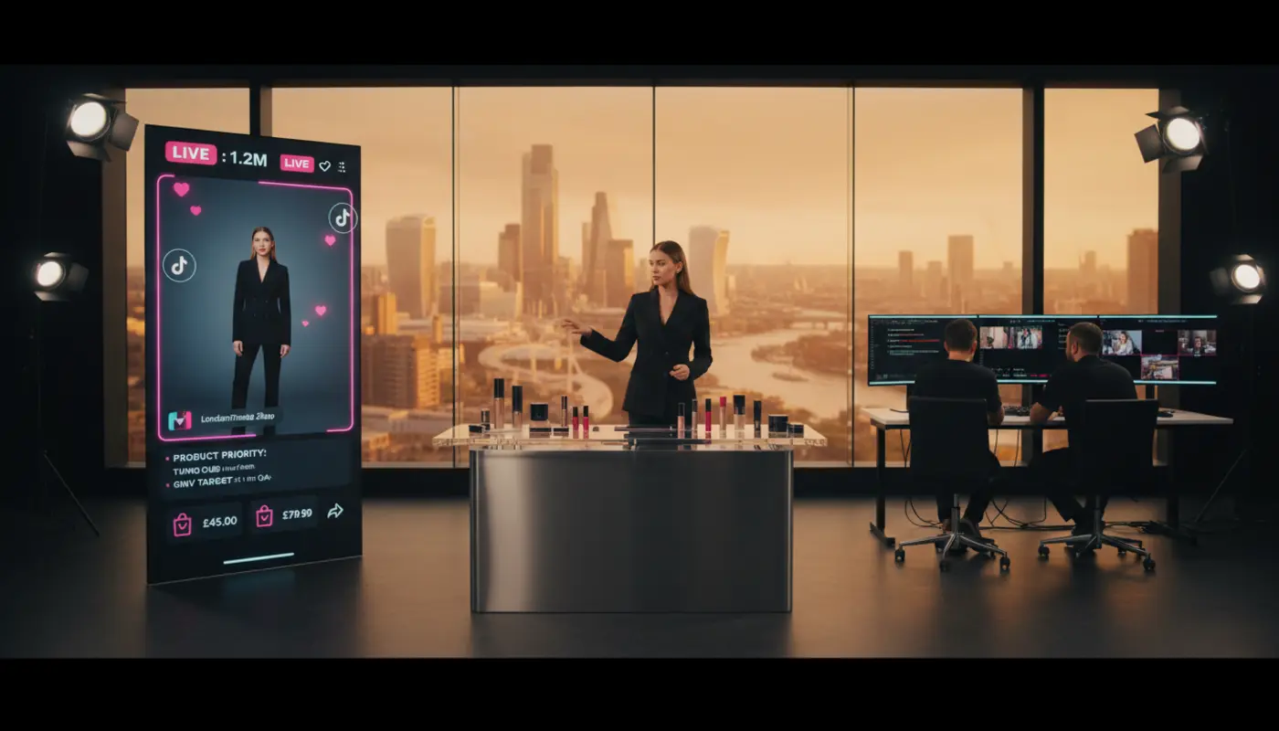TikTok LIVE studio in London with host presenting products and on-screen UK shop UI driving sales and engagement
