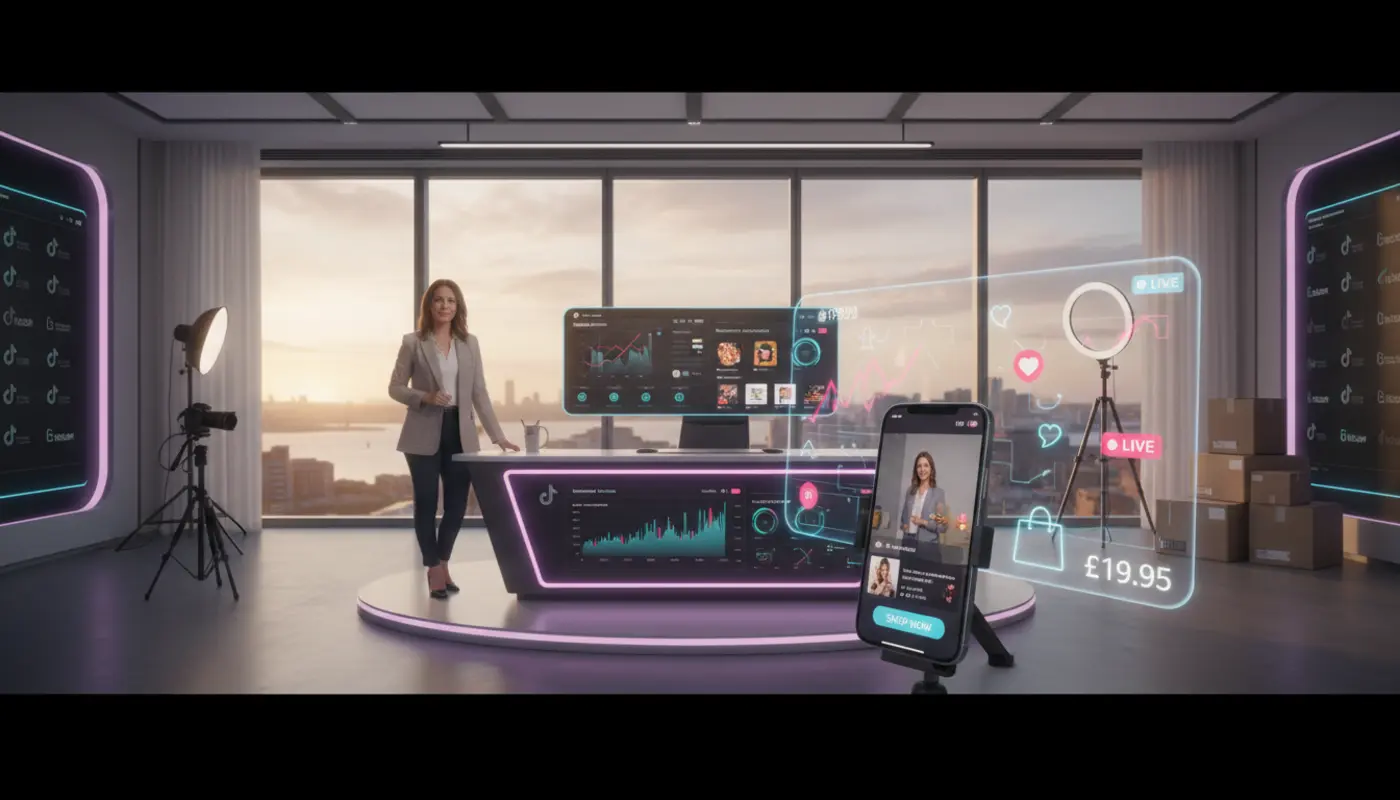 TikTok Shop expert in a Cardiff studio with UK skyline, showing analytics, shoppable videos, and TikTok UI sales elements.