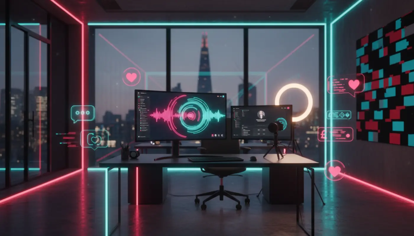 Vibrant UK TikTok studio with neon accents and TikTok UI elements floating over a modern creator workspace.
