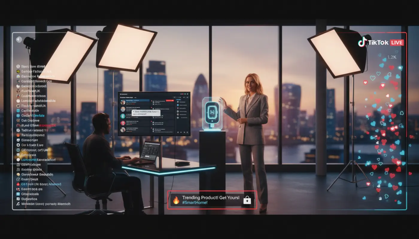 UK TikTok LIVE studio with host and moderator managing fast comments, featuring TikTok UI overlays and London skyline backdrop.