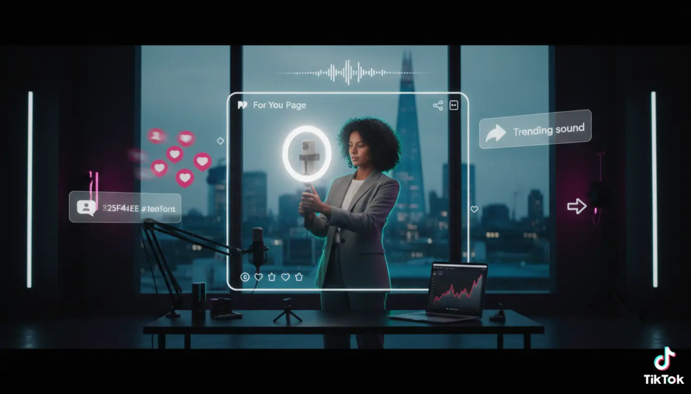 UK TikTok studio with London skyline and creator filming, overlaid with For You Page icons and analytics in a bright cinematic setup.