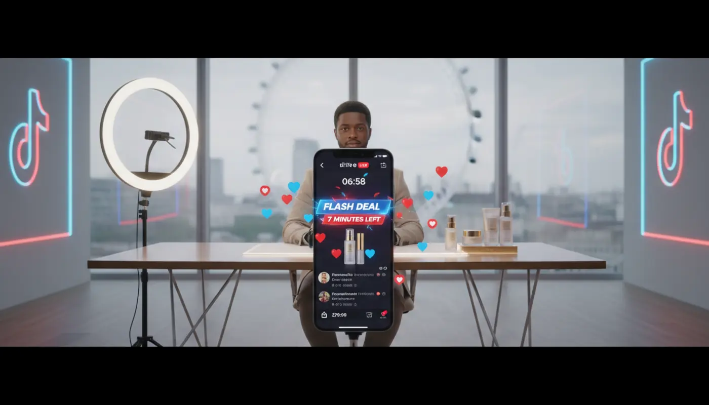 UK TikTok LIVE studio showing flash deal countdown, pinned product and £ pricing driving urgency in a London setting.