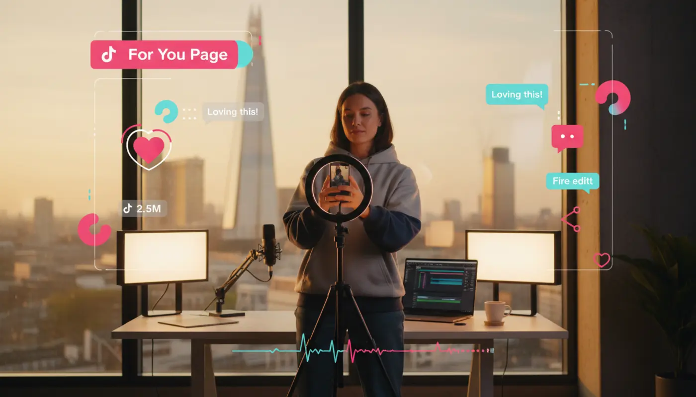 UK TikTok studio setup with London skyline and on-screen TikTok UI, creator filming content in a bright professional space.