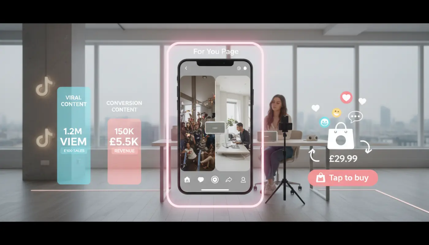 London TikTok Shop studio showing creator filming product demo with UI overlays, highlighting views vs sales conversion