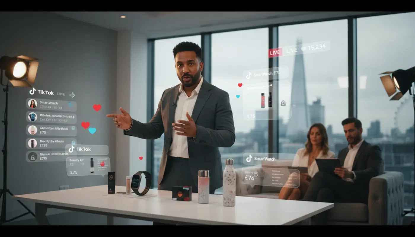 TikTok Shop LIVE studio in London with host selling products and UK recruitment team reviewing candidates with on-screen UI overlays.