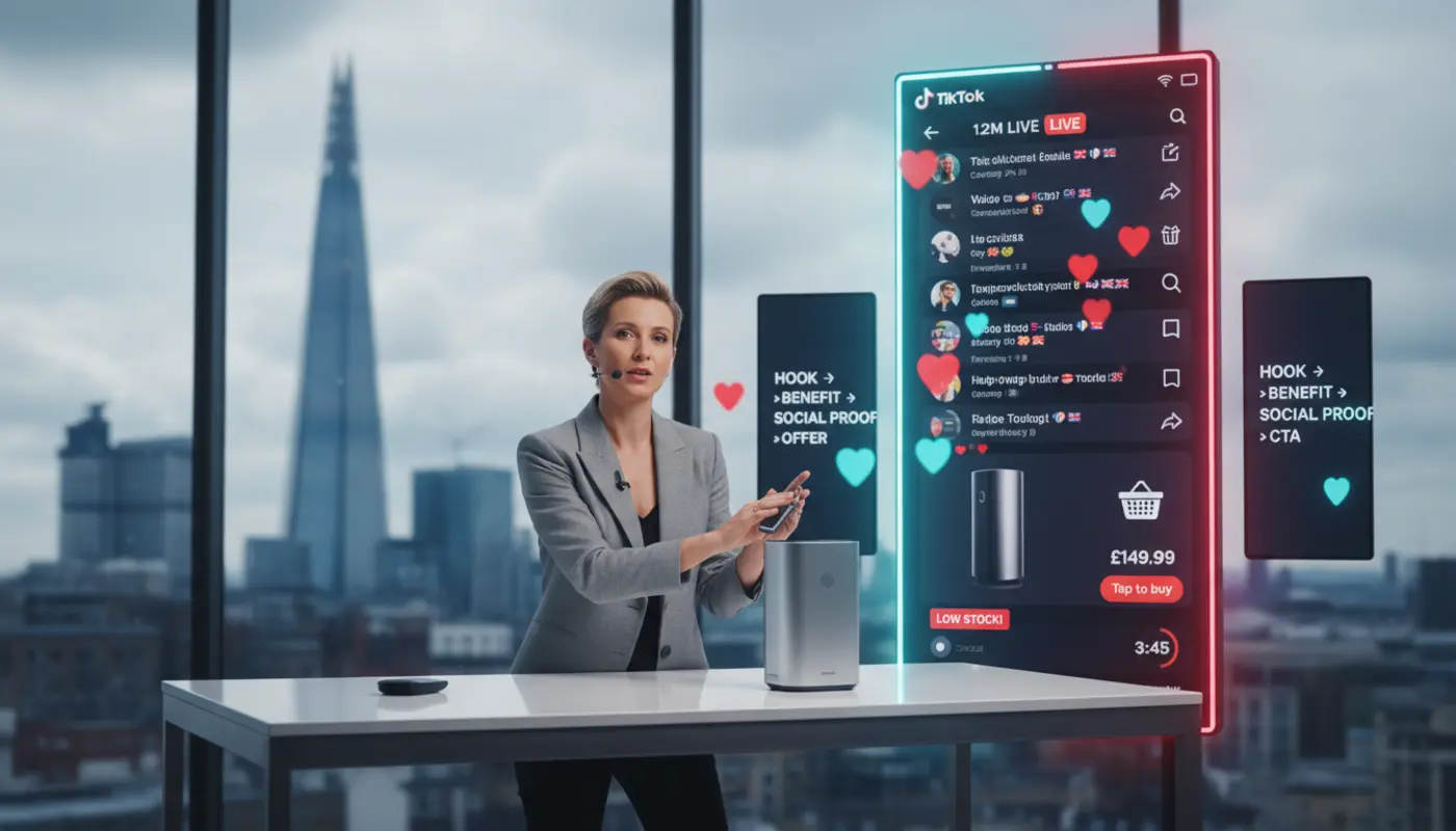 UK TikTok LIVE studio host selling products with on-screen hearts, comments and £ shop UI, London skyline backdrop.