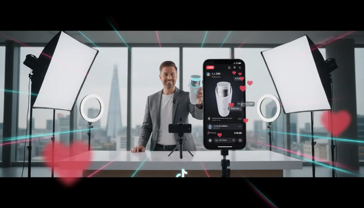 UK TikTok LIVE studio with presenter selling a product, showing TikTok Shop UI, hearts and £ pricing in a London setting.