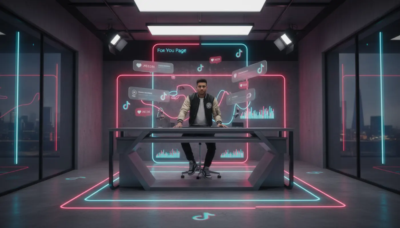 Creator in a vibrant UK TikTok studio with floating TikTok UI elements and London aesthetic.