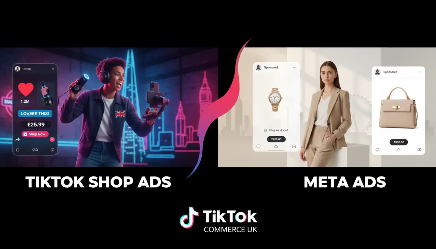 Dynamic TikTok Shop studio scene in London comparing TikTok and Meta ad styles with bright UI elements and ecommerce visuals.