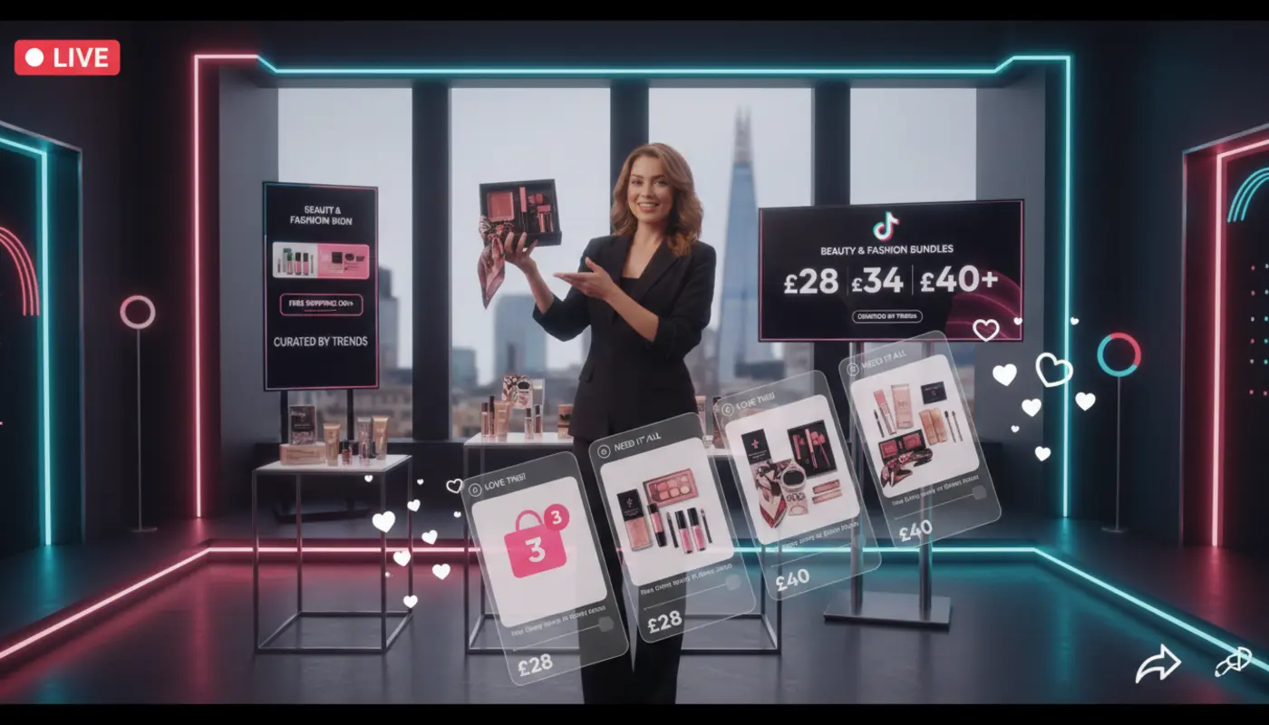 UK TikTok Shop studio scene showing a creator presenting curated bundles with floating TikTok UI elements and London skyline backdrop.