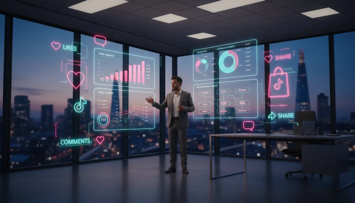 Creator in a UK TikTok Shop studio reviewing audience data with TikTok-style UI overlays and a London skyline backdrop.