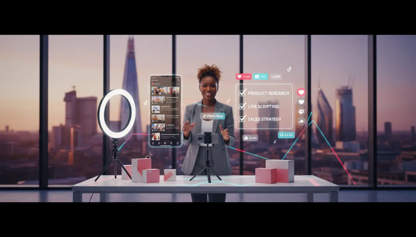 UK TikTok Shop creator filming in London studio with checklist overlay, TikTok UI icons and £ pricing driving growth