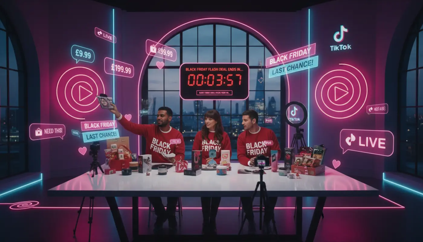 UK TikTok Shop studio with Black Friday visuals, glowing UI icons and London backdrop capturing Q4 sales energy.