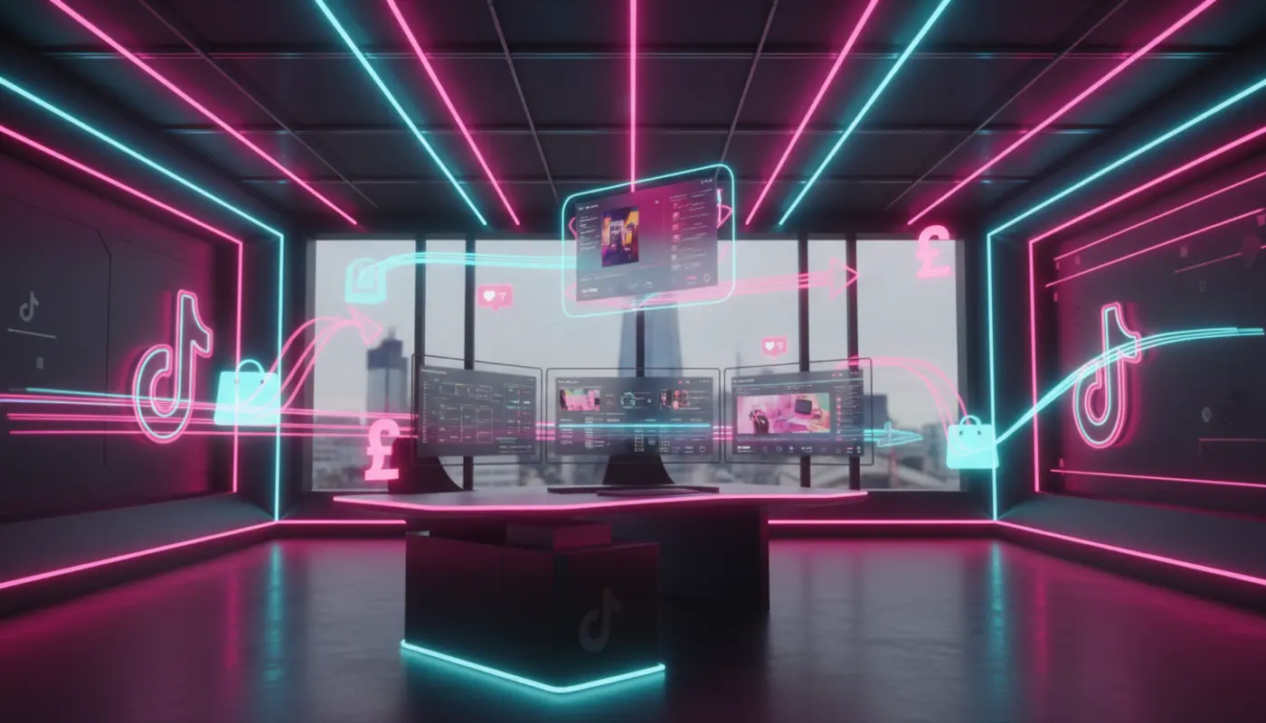 Modern London TikTok Shop studio with retargeting dashboards and floating TikTok UI elements highlighting warm‑audience remarketing.