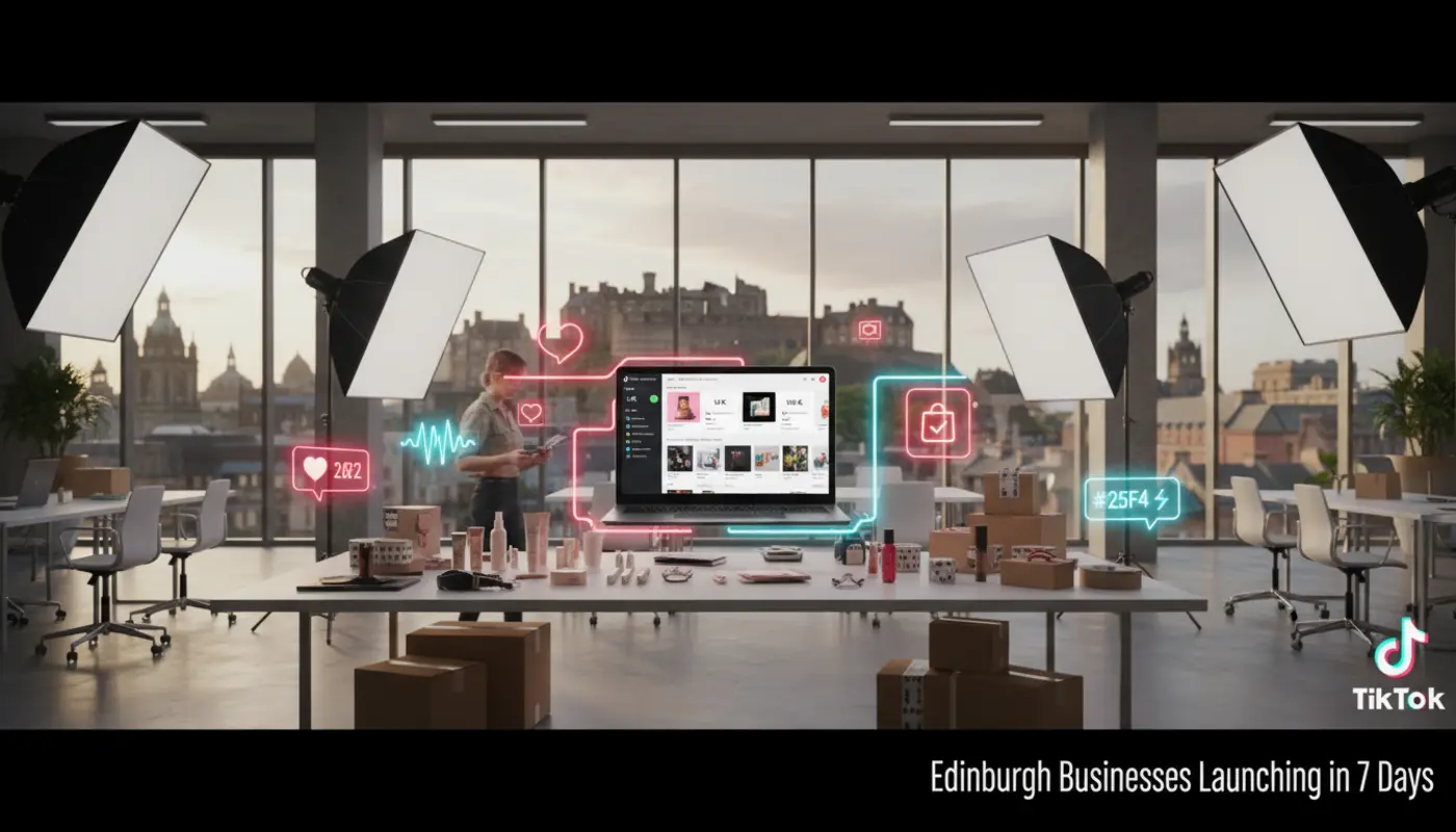 Creator workspace in a bright Edinburgh studio with TikTok Shop elements, UK £ pricing and Edinburgh skyline in view.