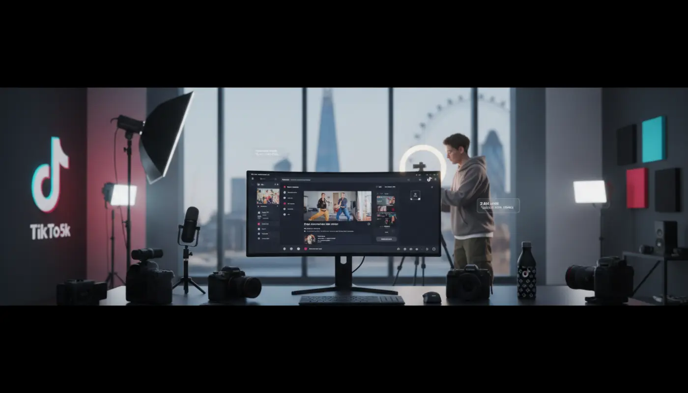 Modern UK TikTok studio with creator setup and TikTok UI elements glowing in a vibrant London workspace.
