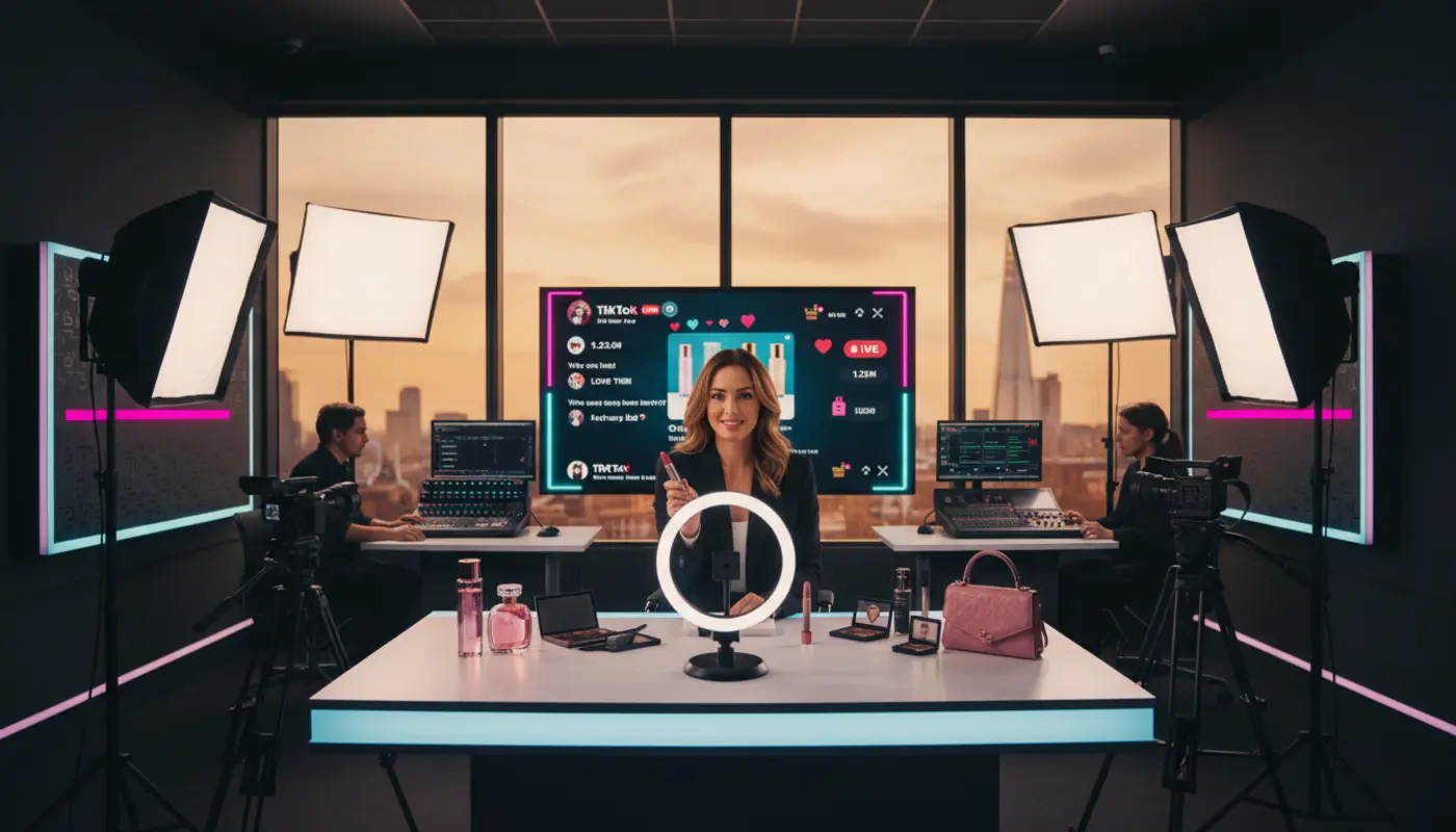 Professional TikTok LIVE studio in London with host, cameras and TikTok Shop UI overlays showing products and engagement