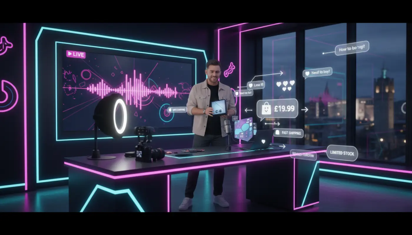 Cardiff creator presenting products in a TikTok Shop studio with floating UI icons and a subtle Cardiff skyline backdrop.