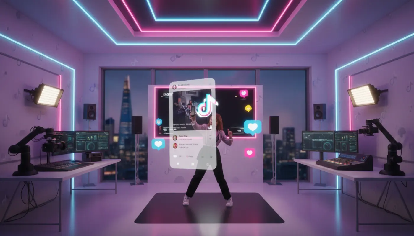 Modern UK TikTok studio with neon accents and floating TikTok UI elements in a cinematic widescreen layout.