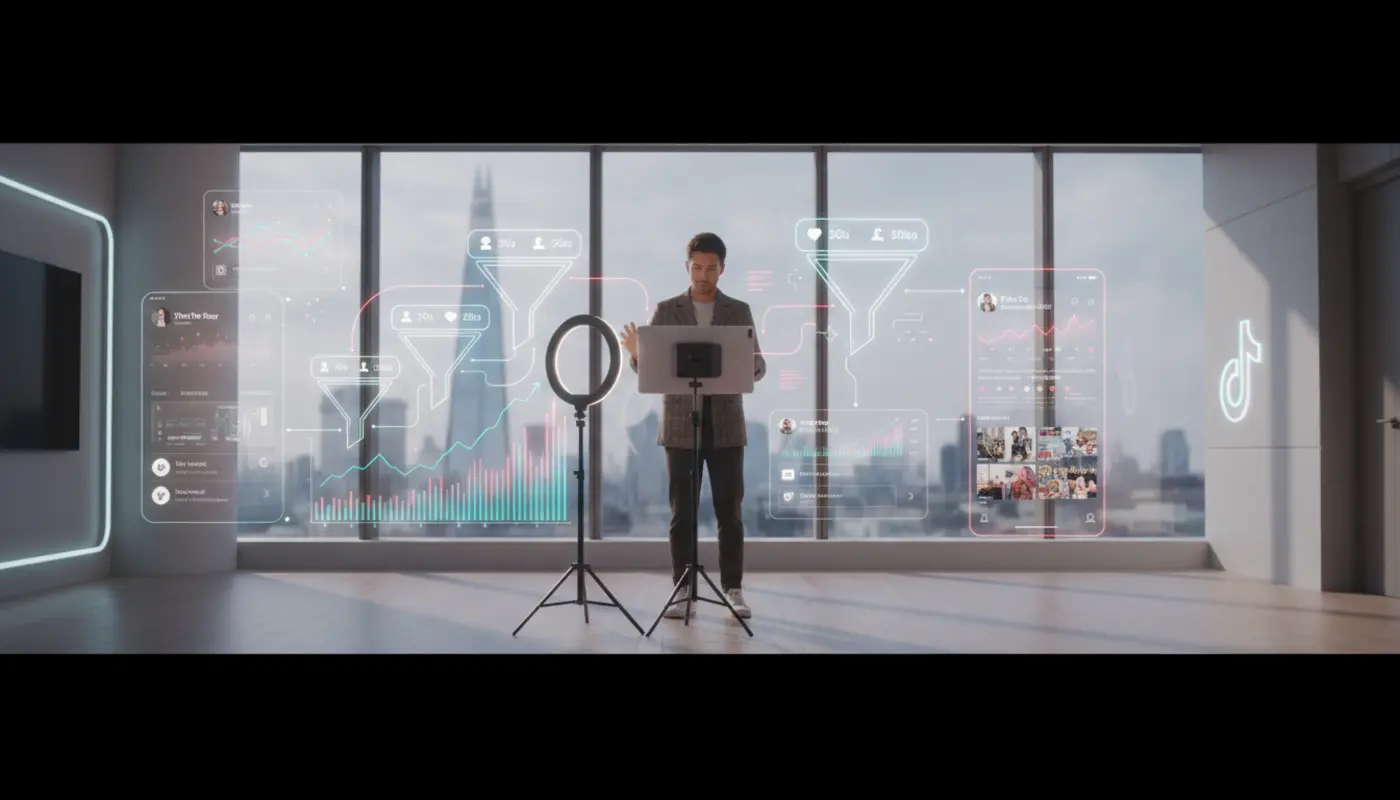 UK TikTok Shop creator filming product videos with UI overlays showing different video lengths and sales funnel in London studio