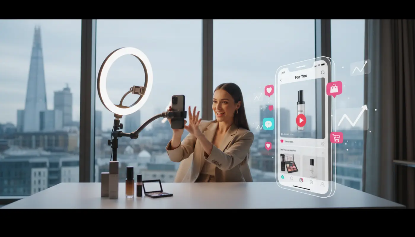 London creator filming TikTok Shop product demo with UI icons, £ pricing and engagement signals in a bright UK studio.