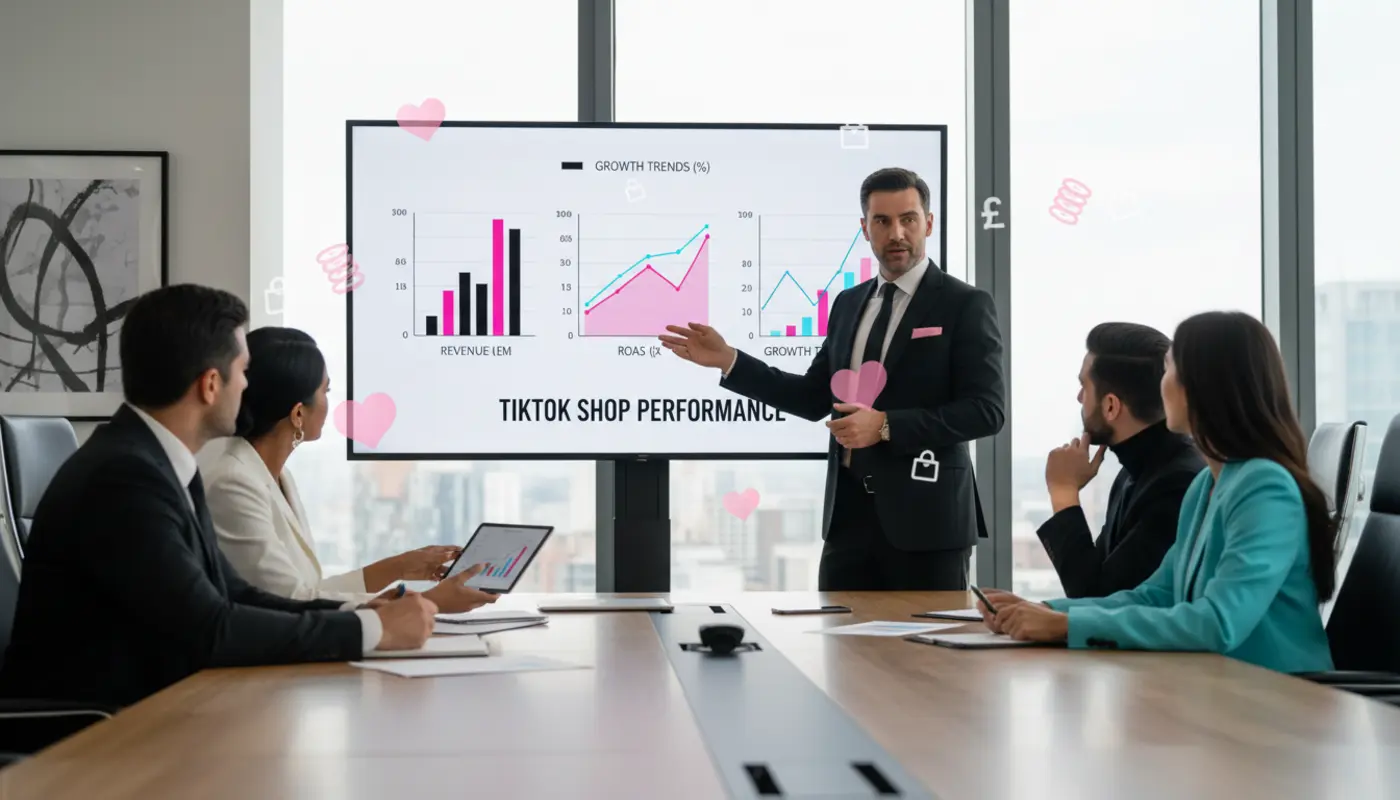 UK boardroom presentation of TikTok Shop performance with revenue charts and investor discussion
