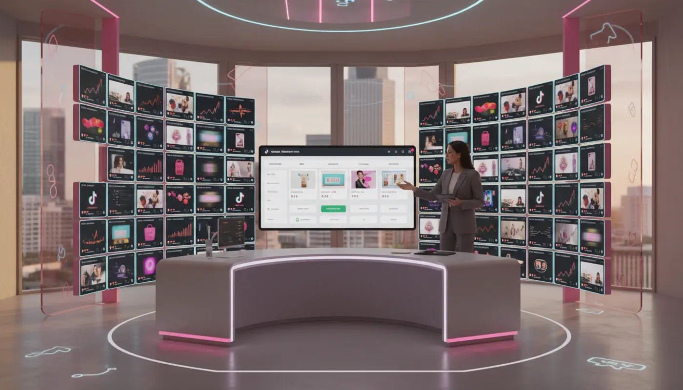 London studio managing 50+ TikTok Shop creators with dashboards, £ GMV charts and TikTok UI overlays.