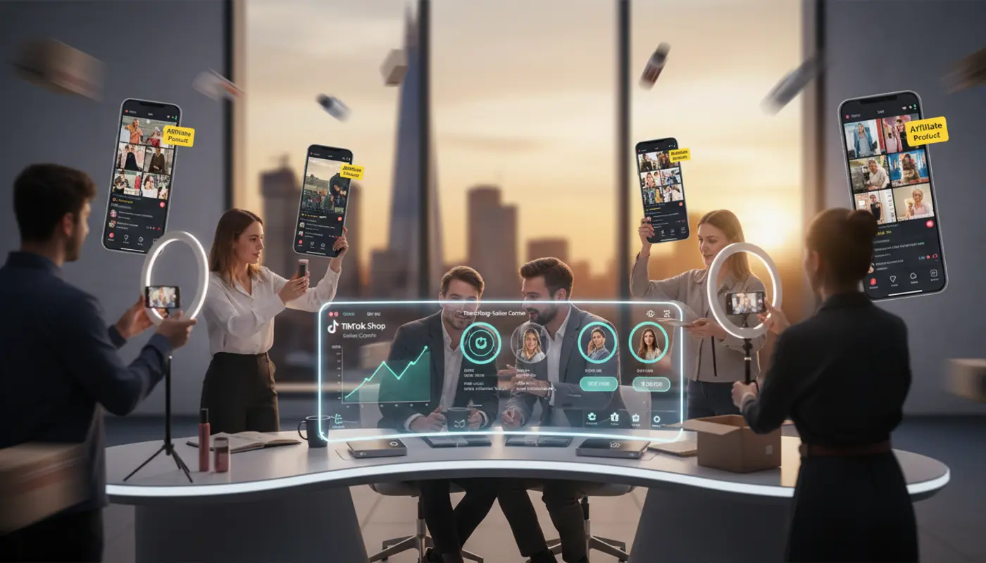 London TikTok Shop studio with creators and analytics dashboard showing affiliate sales growth in a UK ecommerce setting.