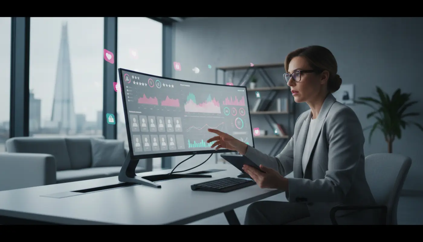 UK TikTok Shop seller analysing competitor data, pricing and trends in a modern workspace.