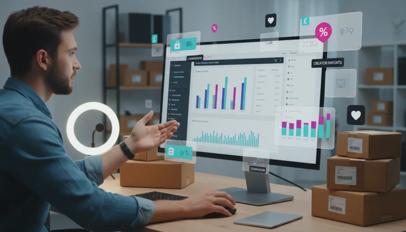 UK TikTok Shop seller analysing fees, costs and ecommerce data in a modern studio workspace.