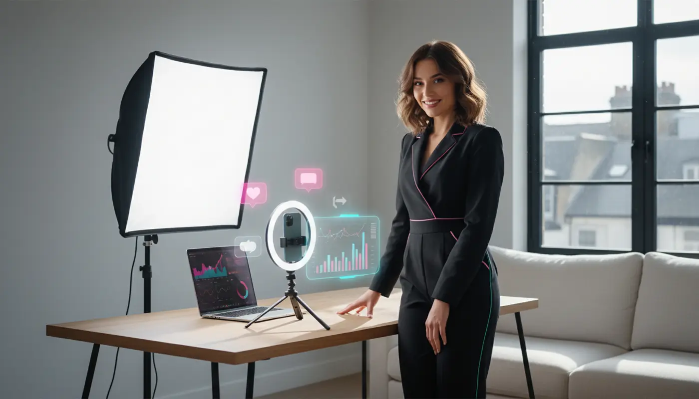 UK TikTok creator studio setup with phone, lighting and subtle TikTok UI icons in a bright modern space.