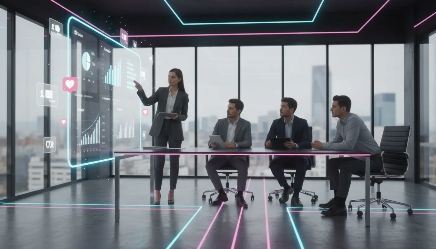 UK TikTok Shop agency team presenting client growth with TSLA benefits in a modern office setting