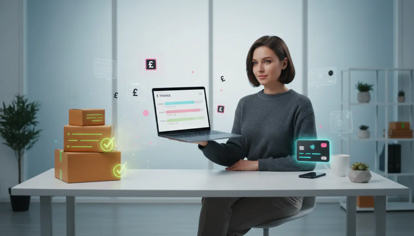UK TikTok Shop seller checking payout status with delivery icons and £ symbols in a bright studio setting.