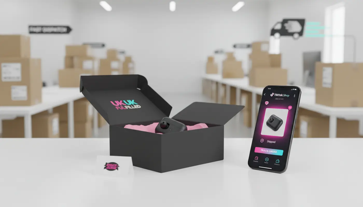 TikTok Shop UK unboxing scene with branded packaging, smartphone order screen and fulfilment studio background.