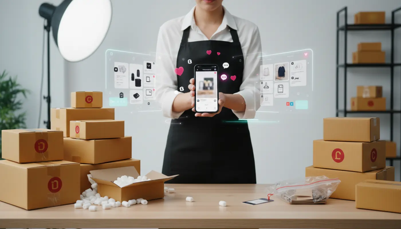 UK TikTok Shop seller improving product listings and packaging to reduce returns in a bright studio setting.